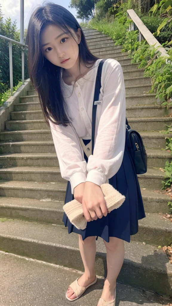 (((Composition from below、Every detail counts:1.32、Ultra-high resolution:1.1、masterpiece、8K)))、Japanese girl、A strong wind is blowing、A scene of a child ng down stone stairs on the way to school、Wearing school uniform、Uniform Details、White blouse、Blue sailor suit collar and ribbon、Blue mini pleated skirt、barefoot、Slip-ons、Black hair shoulder length、The bangs are lightly parted、Hair is smooth、Swaying in the strong wind、Eyes are large、Clear brown eyes、Long and delicate eyelashes、Carrying a big black backpack、His right hand is lightly touching the handrail of the stairs、The stairs are made of historic cobblestones、Sunlight gently illuminates、Skin is radiant with a healthy tone、
