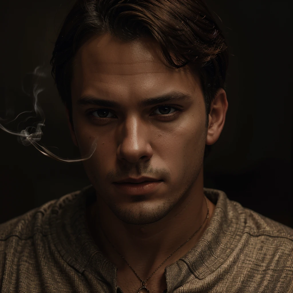 1 handsome boy, smoking, wearing clothes with "Lorenzo" text, detailed facial features, ultra-detailed, 8k, high quality, cinematic lighting, dramatic lighting, moody atmosphere, warm color tones, oil painting style