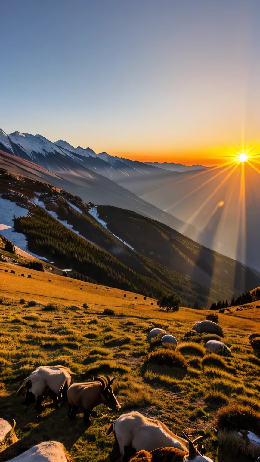 sunrise with mountains and mountain goats