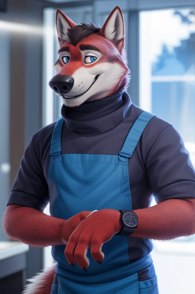 Ivan Fedorovich Wolfbach (Novosibirsk) ,tall handsome, wolf,young, 24 years, brown fur,Kind,(red body:1.3),beautiful blue eyes,Novosibirsk,dressed, turtleneck,apron,jeans,canine, wolf, detailed fur, male,paw pads, finger claws,At the viewer, 5 fingers, paws, 5 fingers, smile, wrist watch, т nextel,by xenoforge, (difficult, high detail, digital photography, soft focus, RAW variety работает парикмахером,Very close to the camera, variety,Novosibirsk, smile, good mood, positive, Very close to the camera, holding scissors, At the hairdresser, stylist doing hairstyle, worth a turtleneck,
Photorealism, realistic, photorealistic, digital style, Subsurface scattering,I look at the viewer,worth getting a haircut, looks at the mirror, men's cosmetics,
masterpiece, Best quality, ultra realistic, 8 thousand.)