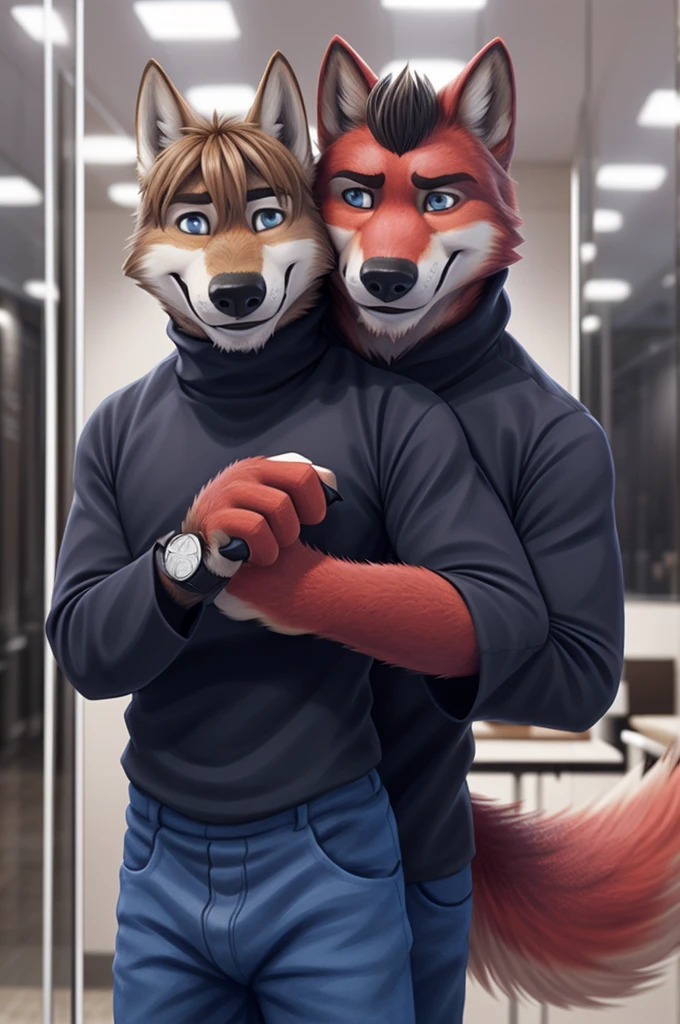 Ivan Fedorovich Wolfbach (Novosibirsk) ,tall handsome, wolf,young, 24 years, brown fur,Kind,(red body:1.3),beautiful blue eyes,Novosibirsk,dressed, turtleneck,apron,jeans,canine, wolf, detailed fur, male,paw pads, finger claws,At the viewer, 5 fingers, paws, 5 fingers, smile, wrist watch, т nextel,by xenoforge, (difficult, high detail, digital photography, soft focus, RAW variety работает парикмахером,Very close to the camera, variety,Novosibirsk, smile, good mood, positive, Very close to the camera, holding scissors, At the hairdresser, stylist doing hairstyle, worth a turtleneck, 
Photorealism, realistic, photorealistic, digital style, Subsurface scattering,I look at the viewer,worth getting a haircut, looks at the mirror, men&#39;s cosmetics,
masterpiece, Best quality, ultra realistic, 8 thousand.)
