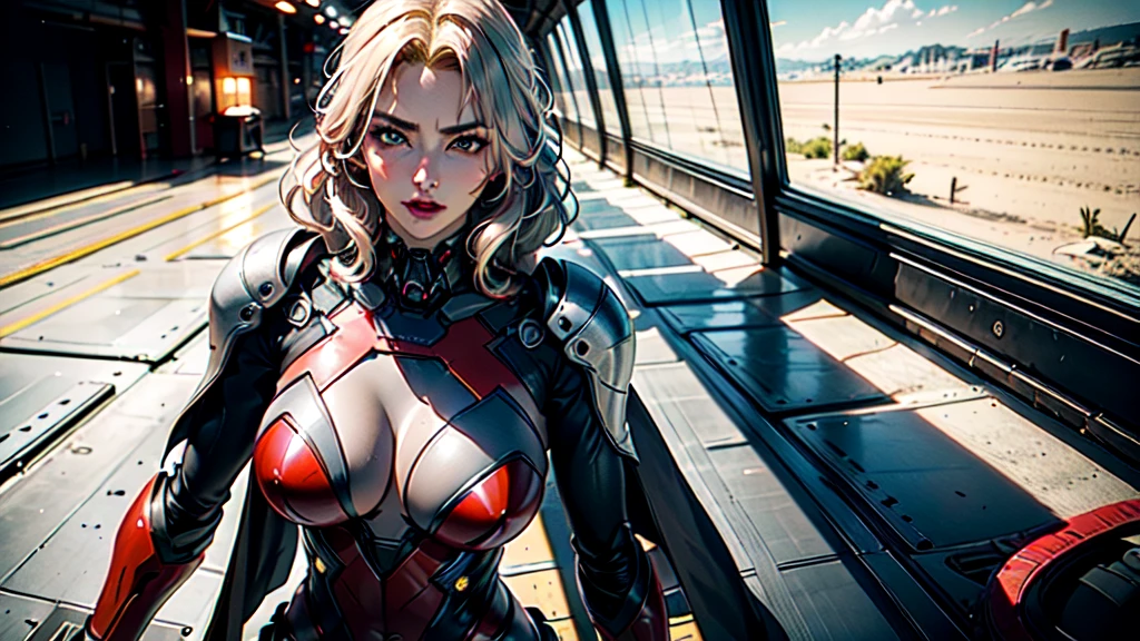 1girl,Alicia Viewsrtream, blonde hair, wavy hair, long hair,red lips,red impossible clothes,red elbow gloves,red thigh boots,cape,incredibly absurdres,Volumetric Lighting,moody lighting,thighs,realistic,reality,hetero,smug,fighting_stance, best quality:1.4, intricate details, sharp focus, highres, eleborate atmosphere:0.90, 8K, 4K, UHD, 32k UHD resolution, realistic photo, professional photography, Ultra Detailed 8K CG, ultra high res, High quality texture, High quality shadows, vivid colors, HDR, space station, windows, military officers,