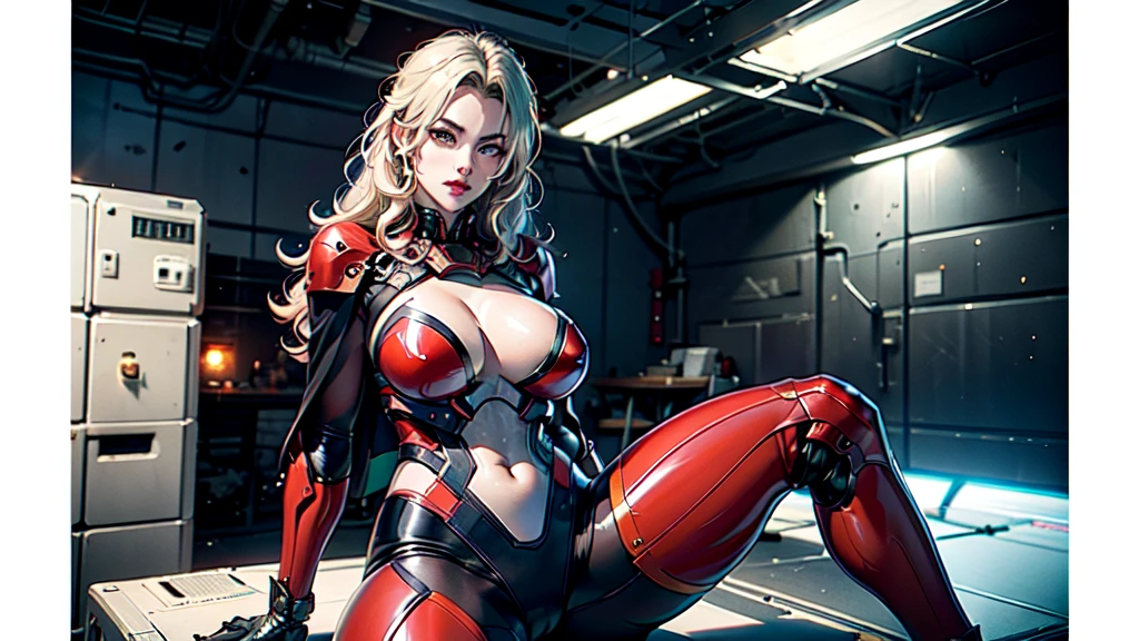 1girl,Alicia Viewsrtream, blonde hair, wavy hair, long hair,red lips,red impossible clothes,red elbow gloves,red thigh boots,cape,incredibly absurdres,Volumetric Lighting,moody lighting,thighs,realistic,reality,hetero,smug,fighting_stance, best quality:1.4, intricate details, sharp focus, highres, eleborate atmosphere:0.90, 8K, 4K, UHD, 32k UHD resolution, realistic photo, professional photography, Ultra Detailed 8K CG, ultra high res, High quality texture, High quality shadows, vivid colors, HDR, space station, windows, military officers,