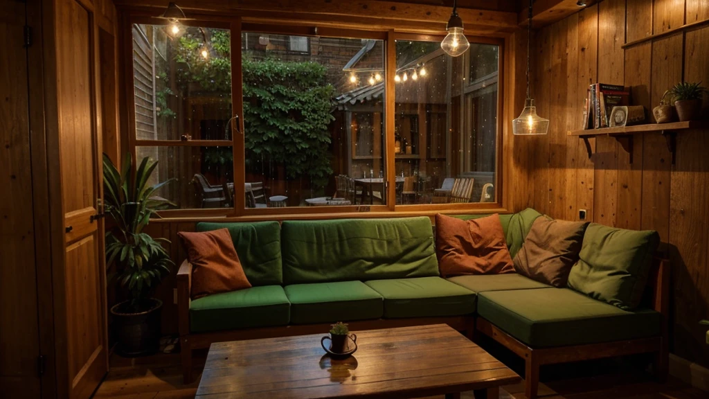 A wooden cafe, with warm lights. Outside windows raining. Fairy light. At the corner have red sofa, a wooden table. On the table have hot coffee and a book. With frames and big green plant at the corner. Have a few wooden tables and chairs too.