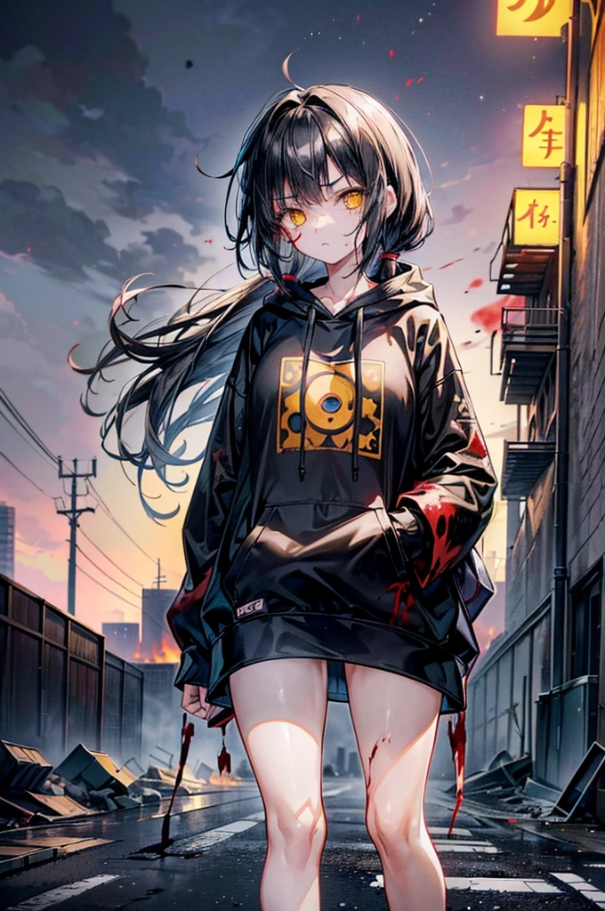 ((1 GIRL)) ((2d anime girl)), ((Japanese)) 18-year-old, ((2d anime girl)), ((dark-haired)), ((windswept hair)) ((ultra high quality)) ((4k UHD)) ((Best Quality)) ((Daytime)) ((yellow glowing eyes)), wearing a black hoodie sweatshirt with the slogan (("Lady Kaiju")) in black letters and (((blood splattered))) on it and her face, standing in the street of a ((ruined city)) filled with ((heavily damaged)) and dilapidated (( tall skyscrapers on fire)) and ((crushed vehicles on fire)) and small fires all around and an ((angry)) ((Intimidating)) expression, standing on a giant monstrous footprint in the ground.