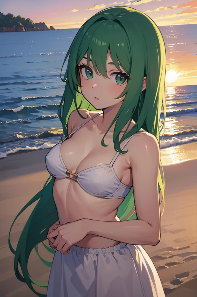 ((best quality)), ((masterpiece)), (detailed), 1 girl , beachfront, sunset, medium and green hair, looking at the viewer, without bra , pretty