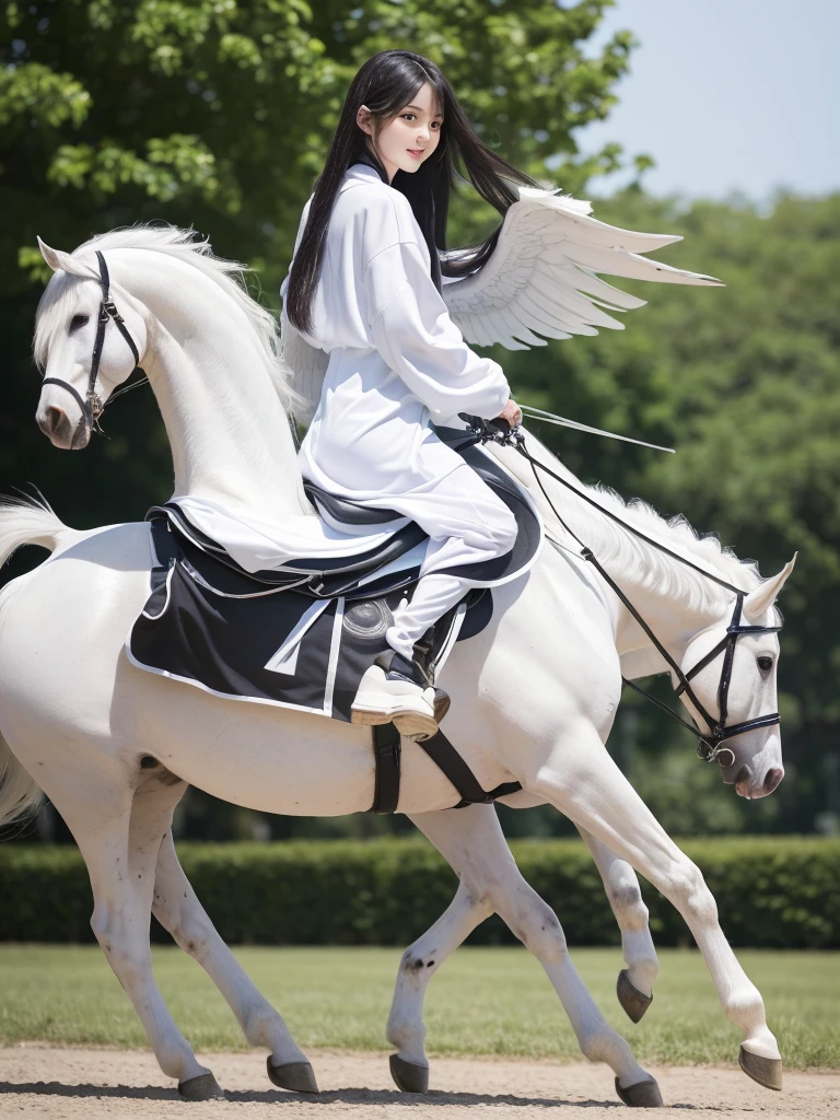 (((Highest quality, masterpiece, Ultra-high resolution, Realistic:1.4, RAW Photos, 非常にdetailed, Perfect Anatomy, A fair-skinned 18-year-old girl in white clothes is riding a pure white Pegasus.,Full body photo, The most famous Japanese actresses)))((Highest quality)), ((masterpiece)), (detailed), One girl, sexy,A cute 18-year-old girl with long black hair and wearing a pure white tight-fitting zentai-style outfit is riding a Pegasus.,The pure white Pegasus is about to take flight,Impressive
