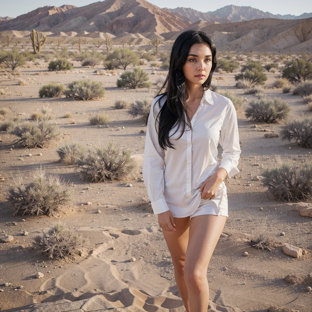 white woman, black hair, in the desert