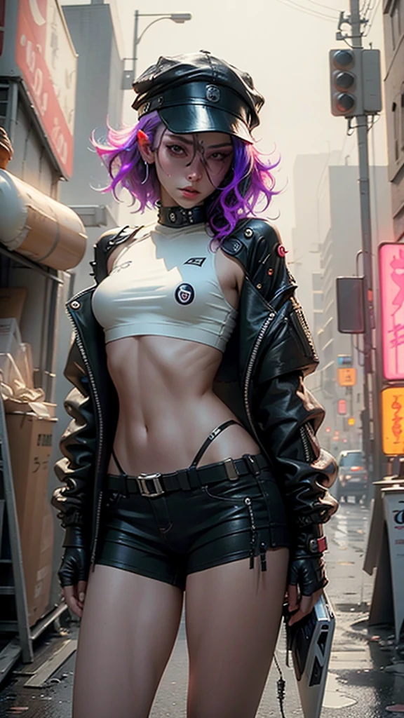 Beautiful woman medium hair, wearing cap, cyberpunk style short clothes desnuda