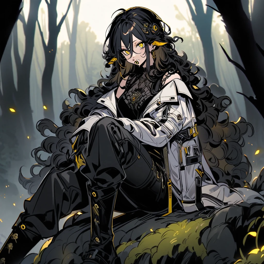 woman, tail, sheep's ears and horns, curly hair down to black shoulders, yellow eyes, mouth piercing, loose black shirt, white jacket with black details, black pants, black boots.woman, tail, sheep's ears and horns, curly hair black up to the shoulders, yellow eyes, mouth piercing, loose black shirt, white jacket with black details, black pants, black boots. sitting on a rock in a forest.