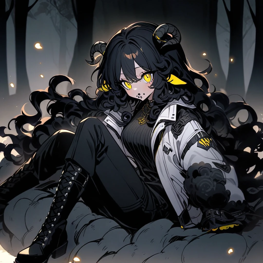 woman, tail, sheep's ears and horns, curly hair down to black shoulders, yellow eyes, mouth piercing, loose black shirt, white jacket with black details, black pants, black boots.woman, tail, sheep's ears and horns, curly hair black up to the shoulders, yellow eyes, mouth piercing, loose black shirt, white jacket with black details, black pants, black boots. sitting on a rock in a forest.