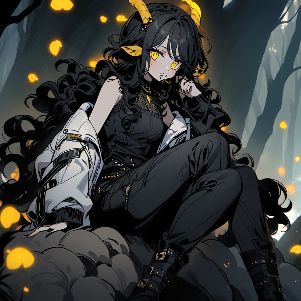 woman, tail, sheep's ears and horns, curly hair down to black shoulders, yellow eyes, mouth piercing, loose black shirt, white jacket with black details, black pants, black boots.woman, tail, sheep's ears and horns, curly hair black up to the shoulders, yellow eyes, mouth piercing, loose black shirt, white jacket with black details, black pants, black boots. sitting on a rock in a forest.