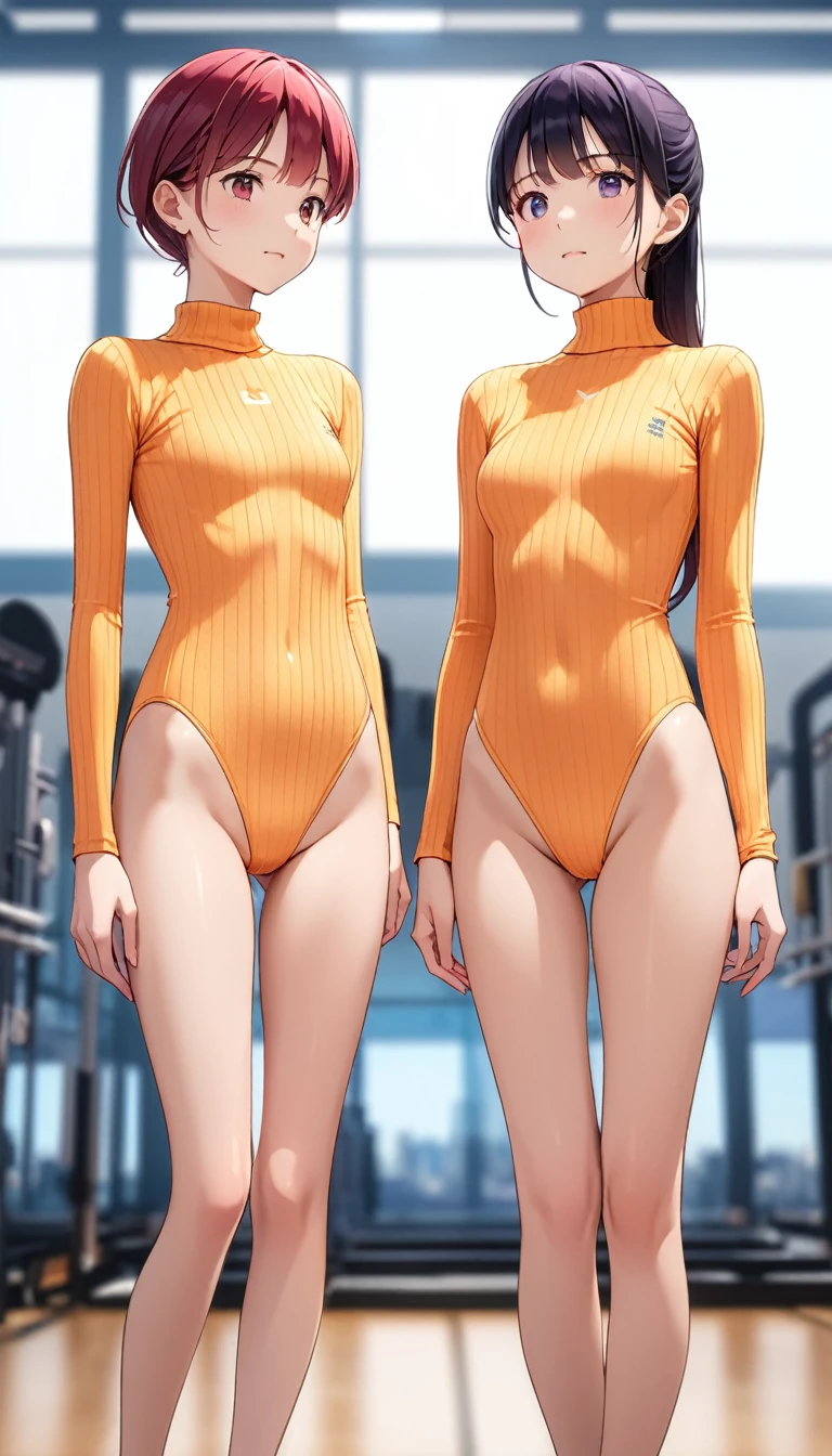 highquality illustration, masterpiece, very delicate and beautiful, attractive girl,(colorful leotard, heattech leotard,tight leotard,long_sleeve leotard,ribbed leotard,high_leg leotard,turtleneck leotard), thin,slender body,slim,gymnastics club,2 girls,gymnastics athlete,bare legs,gymnasium background,beautiful eyes, light smile,(masterpiece, best quality:1.2), highres, extremely detailed CG unity 8k wallpaper, perfect lighting, Colourful, ultra-high res,4K,ultra-detailed, photography, 8K, HDR,   ages, 