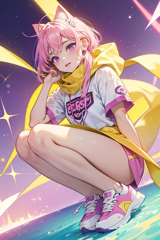 Su-Purr Kitty is a whitish yellow girl cat with purple and pink hair . She has light purple eyes. She wears a yellow scarf and white and neon pink sneakers. SPARKLE; GLITTER