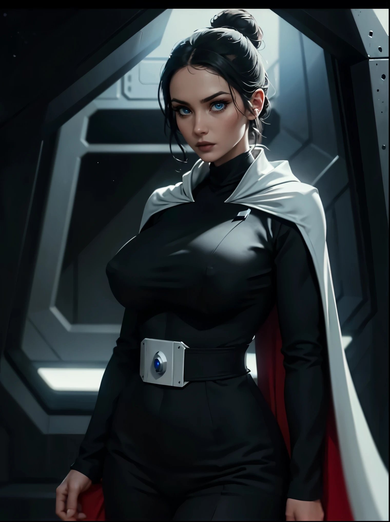 Incredibly detailed wide angle shot shot of a gorgeous and skinny woman with EXTREMELY saggy big breasts, nipples visible through clothing, a narrow waist, a incredibly supermodel thin body, with VERY narrow hips, super thin legs, (bimbo lips), vivid blue eyes, extremely detailed face, thoughtful expression, (long ((black)) hair styled in bun), Star Wars Imperial Officer black uniform, wearing a white cape, matte paint, atmospheric, dramatic lighting, standing inside an imperial space ship.