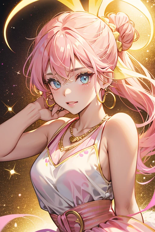 Bunny Wishes is a tan girl rabbit . She has neon pink hair tied in a bun with a gold elastic. She has gold hoop earrings and a pink pearl necklace with a gold pendant. SPARKLE; GLITTER