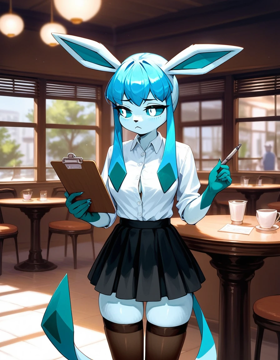 Solo, score_9,score_8_up,score_7_up, source_furry, an Anthro furry Glaceon female, blue sclera, white eyes, wearing white button up shirt, black skirt, thigh high socks, in a cafe, looking bored, holding a single clipboard, standing, looking away,vore anal,breast,