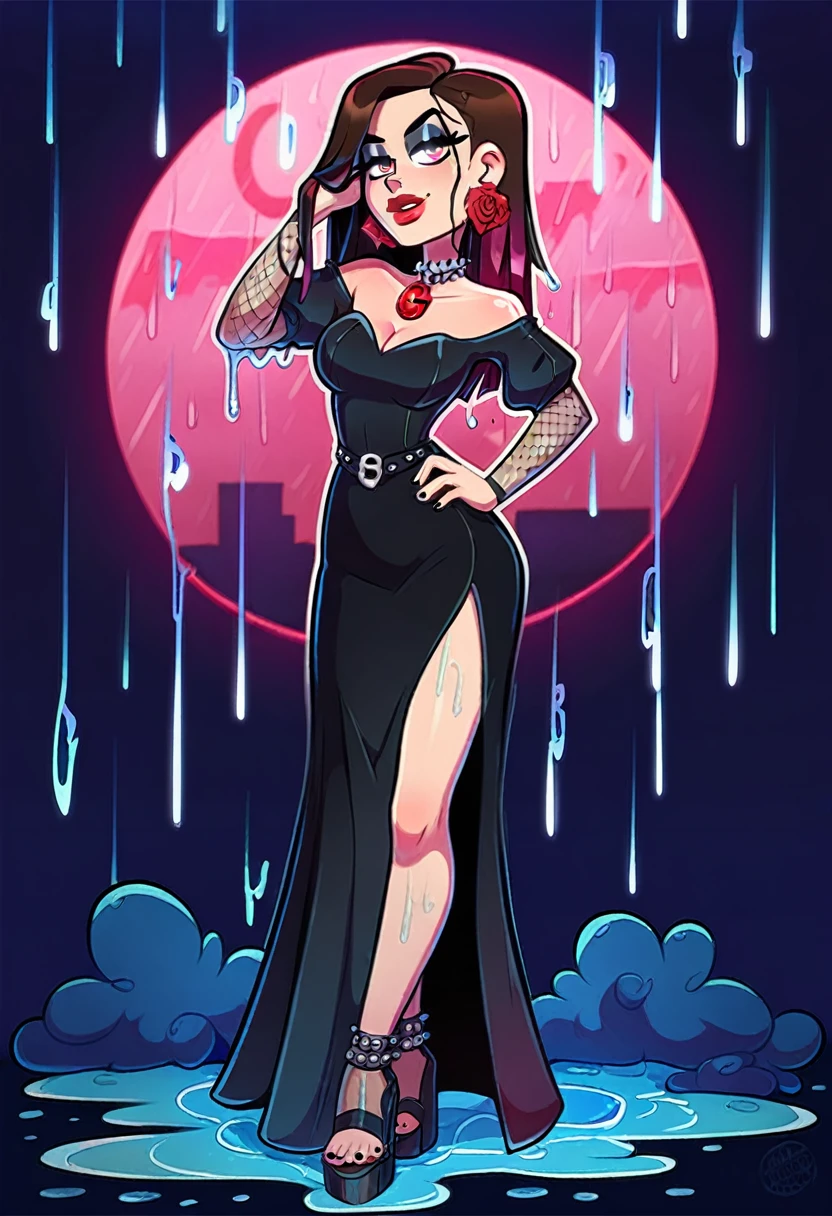 full body, charming witch (Selena Gomez), bewitching bedroom eyes, thick lips, seductive smile, tanned tan skinned, vampiress, red lipstick, pink glossy lips, metallic eyeshadow, detailed face, slim body, smoky gaze, long hair, glowing eyes, night, under the rain, neon jewelry, sparkling earrings, wet, wet skin, wet hair, punk, tomboy, gothic ta, black dress, sassy