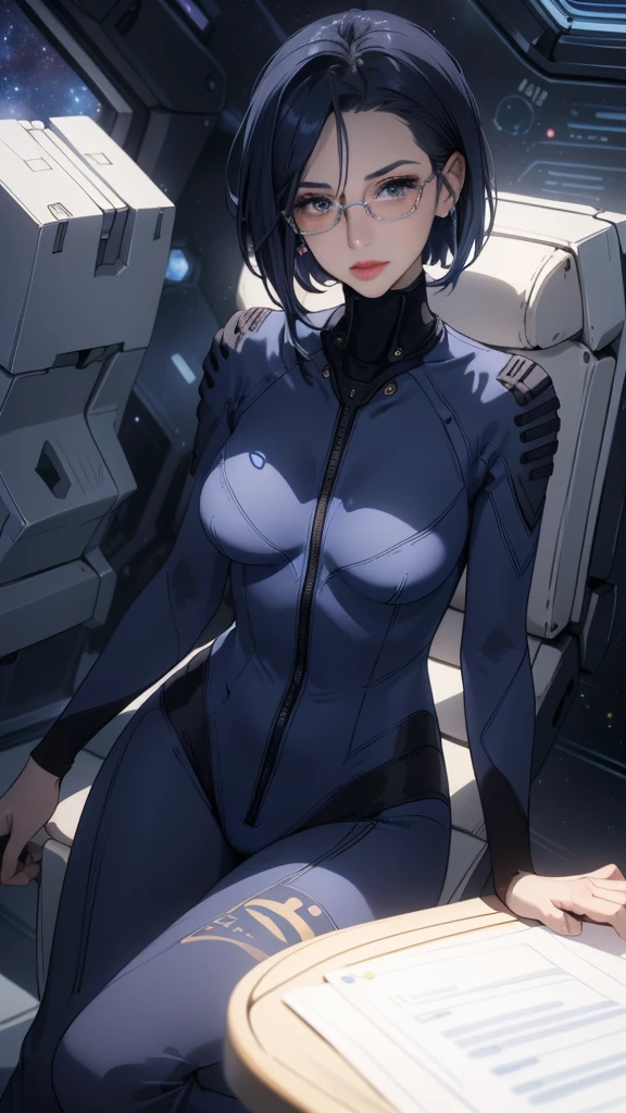 a beautiful young girl with short blue hair, a light smile, brown eyes, hair clips, lips, stud earrings, semi-rimless eyewear, wearing a glossy blue bodysuit, with a large buttocks and small breasts, (best quality,4K,8K,highres,masterpiece:1.2),ultra-detailed,(realistic,photorealistic,photo-realistic:1.37),highly detailed face, extremely detailed eyes and face, long eyelashes, beautiful detailed eyes, beautiful detailed lips, concept art, cinematic lighting, vibrant colors, hyper-realistic,((Navy blue bodysuit))(Glasses)((Inside the spaceship))((Sit on a chair and cross your legs))((Shiny bodysuit))