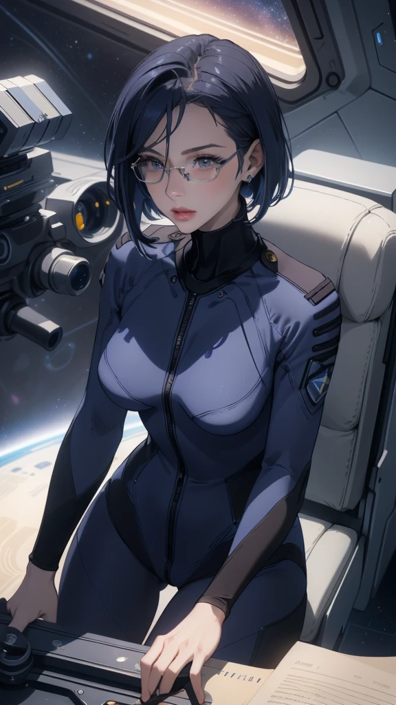 a beautiful young girl with short blue hair, a light smile, brown eyes, hair clips, lips, stud earrings, semi-rimless eyewear, wearing a glossy blue bodysuit, with a large buttocks and small breasts, (best quality,4K,8K,highres,masterpiece:1.2),ultra-detailed,(realistic,photorealistic,photo-realistic:1.37),highly detailed face, extremely detailed eyes and face, long eyelashes, beautiful detailed eyes, beautiful detailed lips, concept art, cinematic lighting, vibrant colors, hyper-realistic,((Navy blue bodysuit))(Glasses)((Inside the spaceship))((Sit on a chair and cross your legs))((Shiny bodysuit))