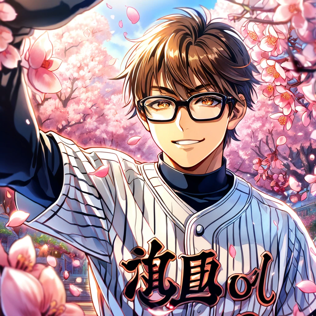 absurdres, highres, ultra detailed, HDR, master piece, Miyuki Kazuya, brown hair, expressive amber eyes, black glasses, white beisbol uniform, black gloves, Diamond No Ace, sexy man, handsome, best quality, blossoms, pink petals, pink flowers, fantasy, magical, solo, handsome smile, water