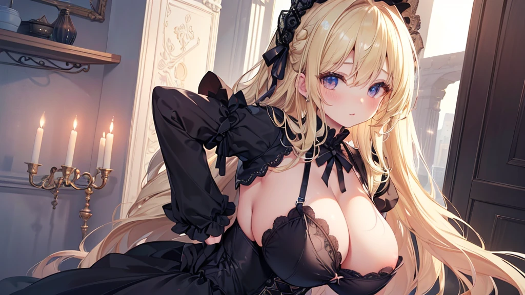 4K,High resolution, (Highly detailed CG,8K,wallpaper)、One Woman,(Clean detailed eyes),(Open-chested clothing、Gothic ta),((NSFW)),(Huge breasts),(Huge breasts),(Huge breasts),(Huge breasts),(((Huge breasts))),(Beautiful and shapely breasts),Side view,((Blonde、Cute hairstyle))