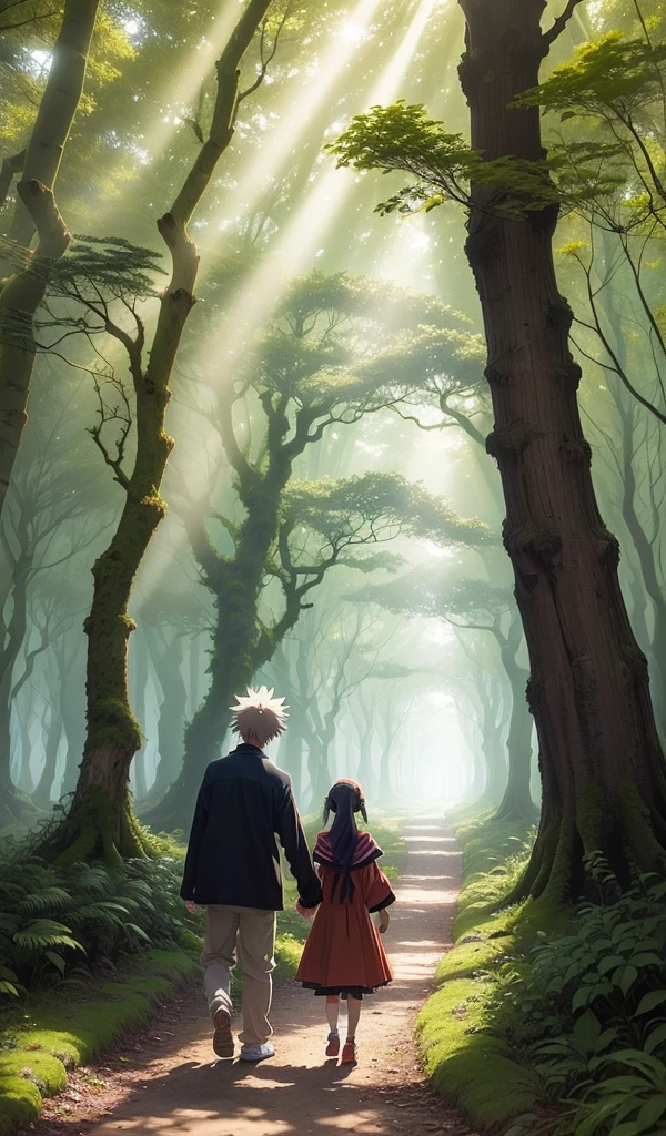 (Anime style:1.5), (highly detailed), (enchanted forest background), (vibrant colors), (sunlight filtering through trees), (1 boy and 1 girl happy children walking hand in hand on a mossy path), (dense foliage all around), (sense of wonder and adventure)