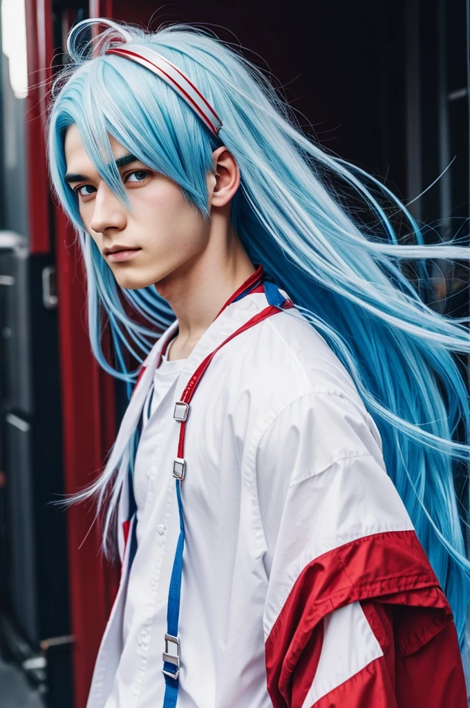 Anime boy with white hair and a red strand with crystal blue hair