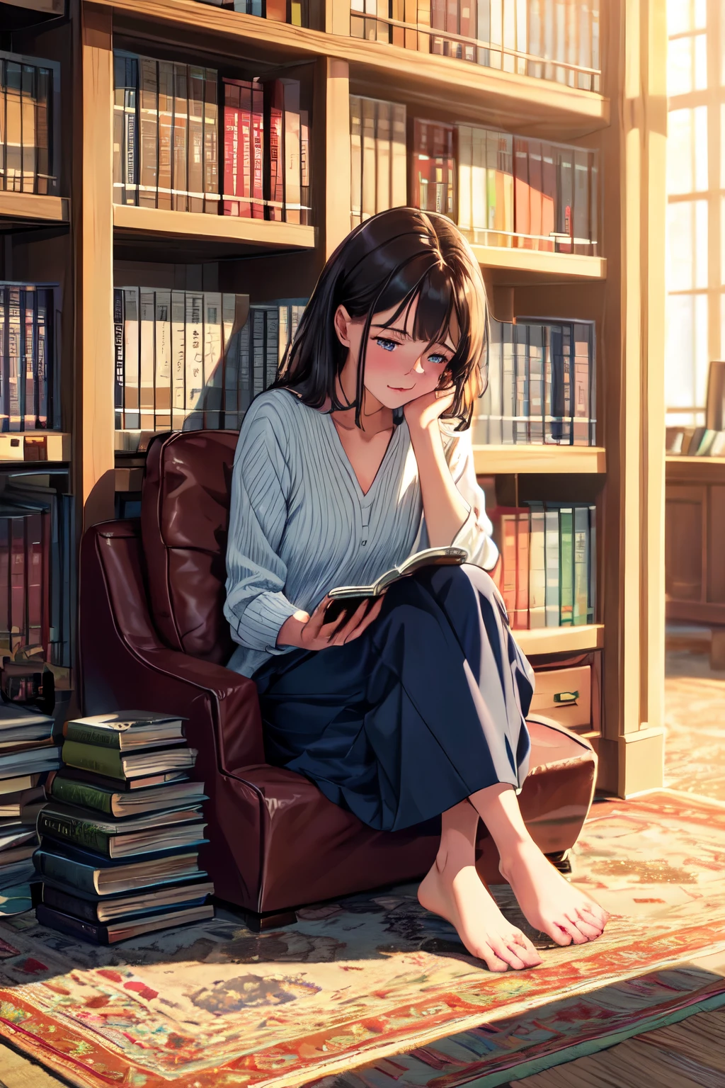 a light-eyed woman with a hand on her face reading a book in a library with the sounds of soft sighs and the faint sound of feet on the carpet Muffled external environmental sounds and distant voices coming from outside the library