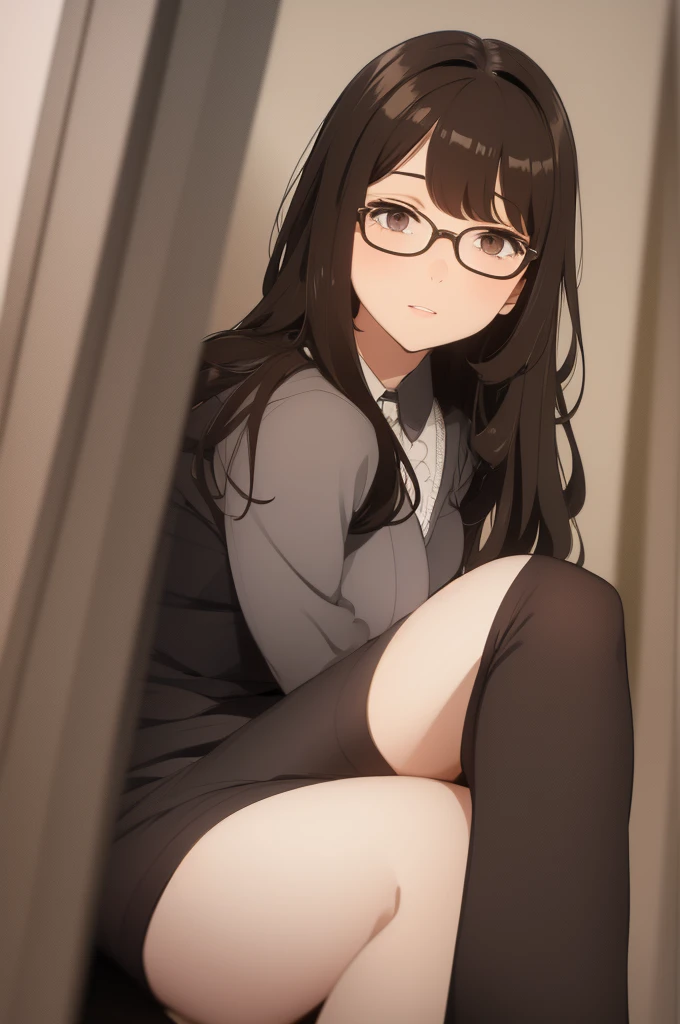 eyes browns, dark brown hair (wavy hair with bangs), square glasses (bigger )
