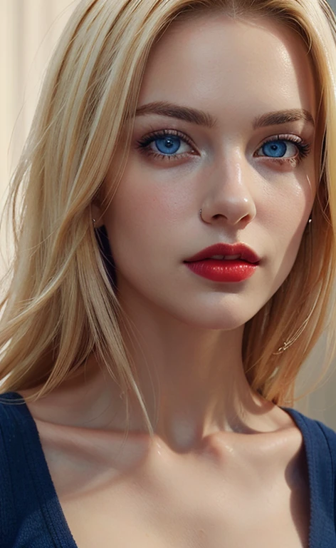 Beautiful blonde woman, with striking blue eyes and red lips. realistic photo, Masterpiece