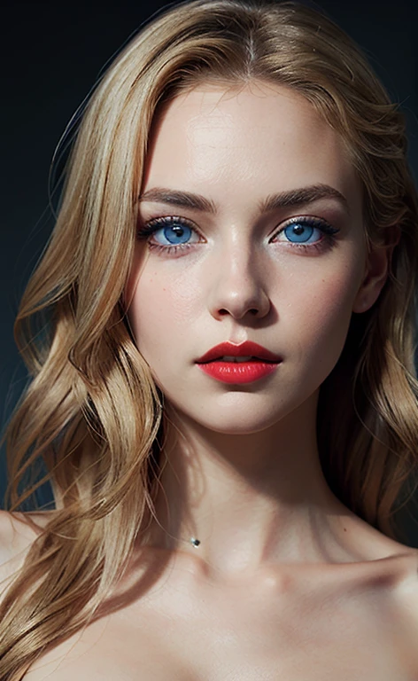 Beautiful blonde woman, with striking blue eyes and red lips. realistic photo, Masterpiece