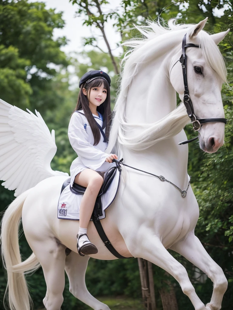 (((Highest quality, masterpiece, Ultra-high resolution, Realistic:1.4, RAW Photos, 非常にdetailed, Perfect Anatomy, An 18-year-old girl in white clothes is riding a pure white Pegasus.,Full body photo, The most famous Japanese actresses)))((Highest quality)), ((masterpiece)), (detailed), One girl, sexy,A cute 18-year-old girl with long black hair and wearing a pure white tight-fitting zentai-style outfit is riding a Pegasus.,The pure white Pegasus is about to take flight,Impressive