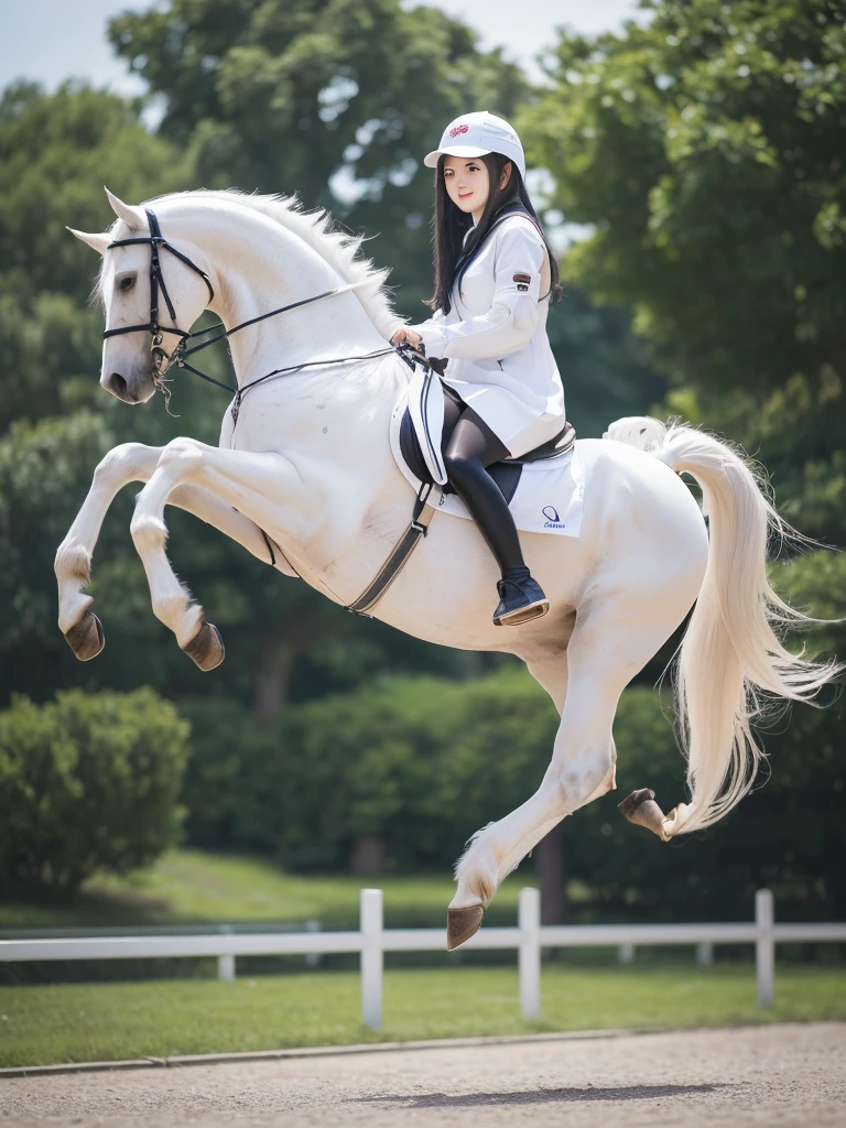 (((Highest quality, masterpiece, Ultra-high resolution, Realistic:1.4, RAW Photos, 非常にdetailed, Perfect Anatomy, An 18-year-old girl in white clothes is riding a pure white Pegasus.,Full body photo, The most famous Japanese actresses)))((Highest quality)), ((masterpiece)), (detailed), One girl, sexy,A cute 18-year-old girl with long black hair and wearing a pure white tight-fitting zentai-style outfit is riding a Pegasus.,The pure white Pegasus is about to take flight,Impressive