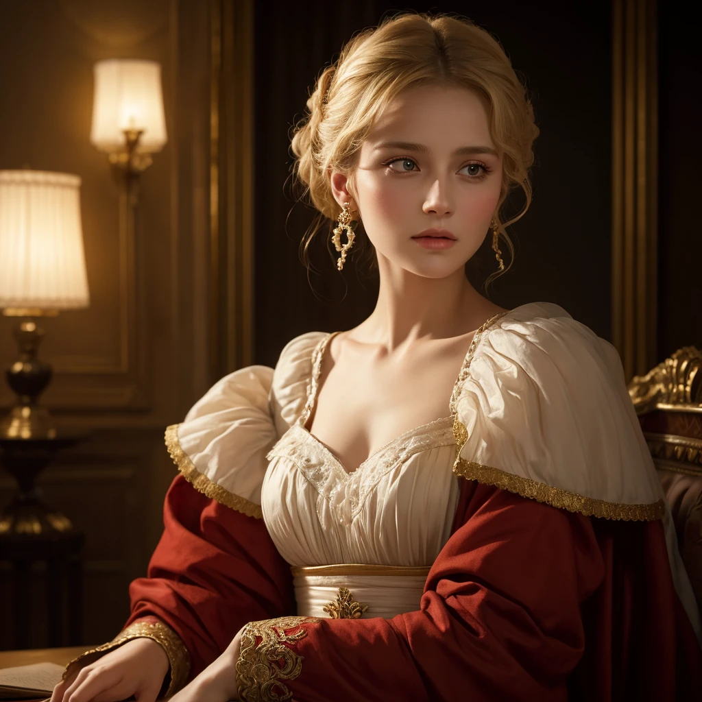 A depiction of Anna Karenina, the beautiful and tragic heroine from Leo Tolstoy's classic novel.  dressed in a luxurious 19th-century Russian gown with intricate details. Her expression should convey a mix of deep emotion and inner turmoil. 
High resolution illustrations, High Contrast, Highly detailed skin texture, Ultra-realistic skin texture, 16K, Ultra-high resolution, Digital SLR, born, Ultra-high resolution.Realistic, sharp, Dramatic lighting with rich colors and highly realistic lifelike textures, Unreal Engine, a hot topic on Art Station, Cinestill 800, From wlop,British white woman,Age: 17,Natural blonde, Vintage Neoclassicism, beautiful, 超sharpなフォーカス, Realistic shots, Regency Women&#39;s Clothing, Quartic colors (scar:1.4) ,(8K), (highest quality: 1.2), (realistic), (realistic: 1.37), ultra high resolution, 1 girl, cute, smile, closed mouth, beautiful details, beautiful nose, whole body,