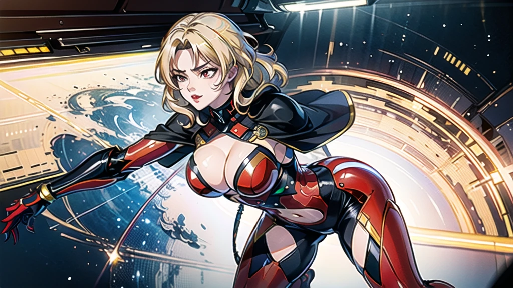 1girl,Alicia Viewsrtream, blonde hair, wavy hair, long hair,red lips,red impossible clothes,red elbow gloves,red thigh boots,cape,incredibly absurdres,Volumetric Lighting,moody lighting,thighs,realistic,reality,hetero,smug,fighting_stance, best quality:1.4, intricate details, sharp focus, highres, eleborate atmosphere:0.90, 8K, 4K, UHD, 32k UHD resolution, realistic photo, professional photography, Ultra Detailed 8K CG, ultra high res, High quality texture, High quality shadows, vivid colors, HDR, space station, windows, military officers,
