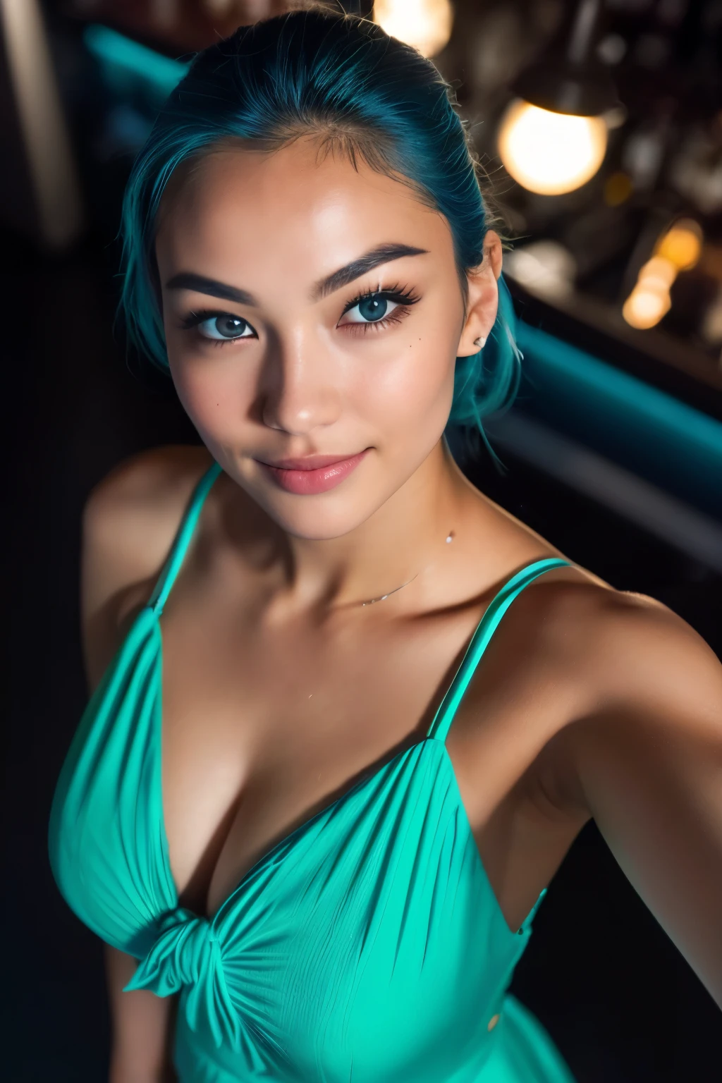 (selfie shot, from above: 1.4), (half-body portrait: 1.4), woman with white skin and Asian features, 24-year-old blue hair (green-eyed woman) walking in a bar RAW uhd portrait photo, natural breast_b, Her eyebrows are well-defined, with a natural arch that complements her eye shape. She has a small, elegant nose with a slight upward curve at the tip. Her lips are full and naturally pink, with a well-defined Cupid's bow. Her teeth are straight and white, enhancing her captivating smile. Her face has an oval shape with high cheekbones that add to her model-like appearance. city background at night, (yellow sundress), (crack), detailed (texture!, hair!, shine, color!!, flaws: 1.1), highly detailed glowing eyes, (looking at camera), specular light, dslr, extreme quality, sharp focus, sharp, dof, Film grain, (centered), Fujifilm XT3, crystal clear, center of frame, cute face, sharp focus, street lamp, neon lights, bokeh, (dark light), low key, night, (night sky ) detailed skin pores, oil Dark skin, brown, complex eye details