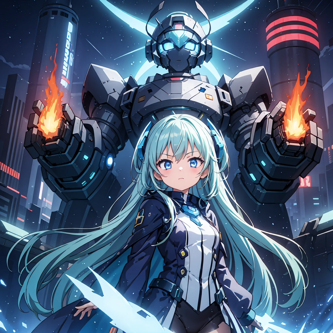 Anime, 2 Characters, (1 Little Anime Girl, Silver Blue Hair, blue glowing star-shaped eyes); (1 Robot, Mech, Tall, Cape, Luminous Eyes, Chunky, Fantasy, Lights, outdated, old style, bronze silver), Nature, Biomes with mountains