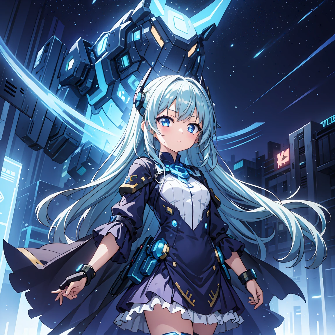 Anime, 2 Characters, (1 Little Anime Girl, Silver Blue Hair, blue glowing star-shaped eyes); (1 Robot, Mech, Tall, Cape, Luminous Eyes, Chunky, Fantasy, Lights, outdated, old style, bronze silver), Nature, Biomes with mountains