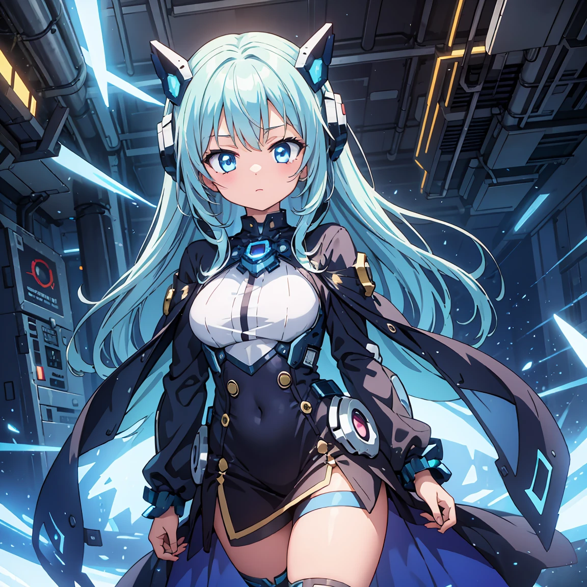 Anime, 2 Characters, (1 Little Anime Girl, Silver Blue Hair, blue glowing star-shaped eyes); (1 Robot, Mech, Tall, Cape, Luminous Eyes, Chunky, Fantasy, Lights, outdated, old style, bronze silver), Nature, Biomes with mountains