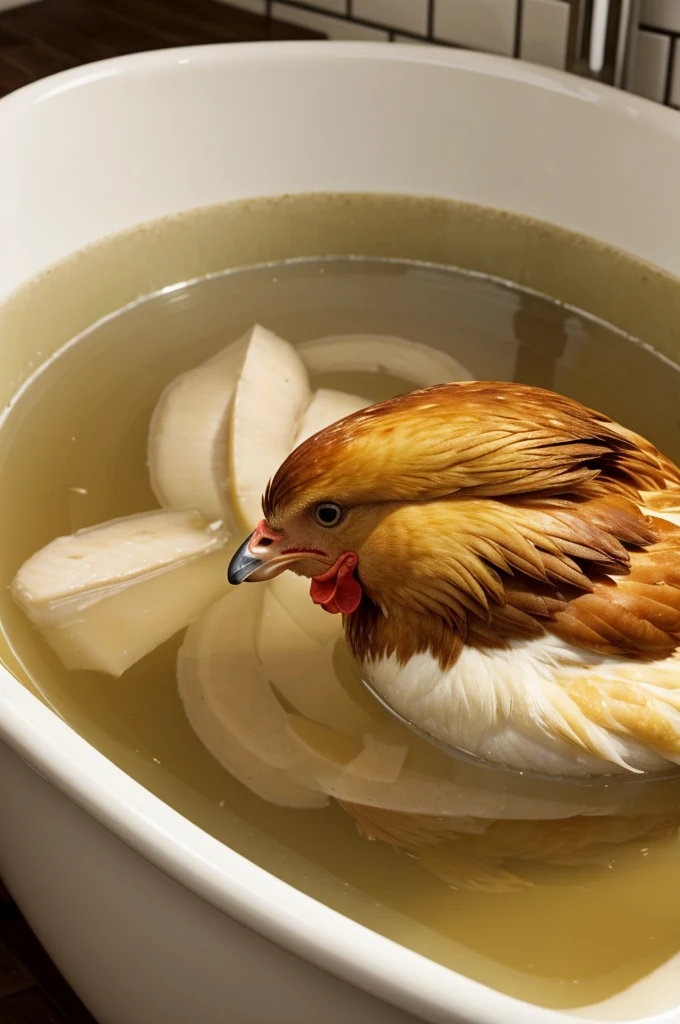A chicken bathing in chicken broth
