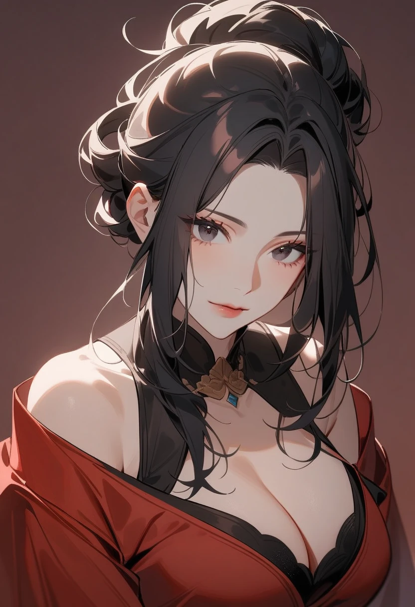 Mature women，Black long hair，Hair up，Red Hanfu，Showing cleavage，Show your shoulders，Beautiful black eyes，Extremely detailed，high resolution，Simple background