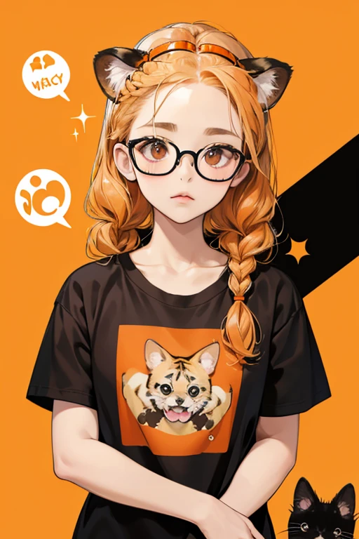 Baby Dog is a beige girl Chihuahua , brown eyes, and light orange hair in two braids secured by braids. She wears black cat-eye glasses and an orange t-shirt in a tiger-like pattern, with the words "Check Meowt" on the front. SPARKLE; GLITTER