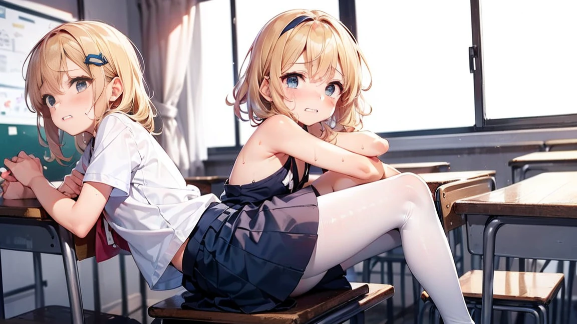 Highest quality,Highest quality,One girl,One boy,((((10 years old)))),Flat Chest,orgasm,blush, Sweat, Sakurai Momoka,Blonde,White Sarah Outfit,Navy Blue Skirt, Not a pleated skirt,whole body,classroom, Grey pantyhose、Flipping up a navy blue skirt、Spread your legs