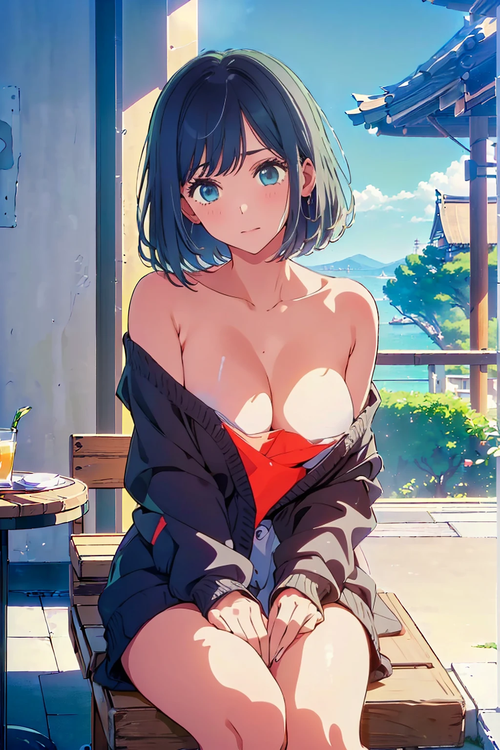 (Highest quality:1.4、masterpiece:1.4、Super detailed:1.4、Ultra-high resolution:1.4、8K:1.4)、Slim body、Big Breasts、((((1 person、Surprised expression、sit、Chair、In the background are the urban buildings of Tokyo、looking at the camera、coastal、Outdoor café terrace、juice、Get up close and take a photo、table、Very cute face))))、((((nude、very beautiful areola))))、(Pose with hands tucked behind ears:1.4、Cheek resting on hand:1.4)、(((Take off the off-the-shoulder black cardigan)))、Very blue sky、A completely cloudless sky