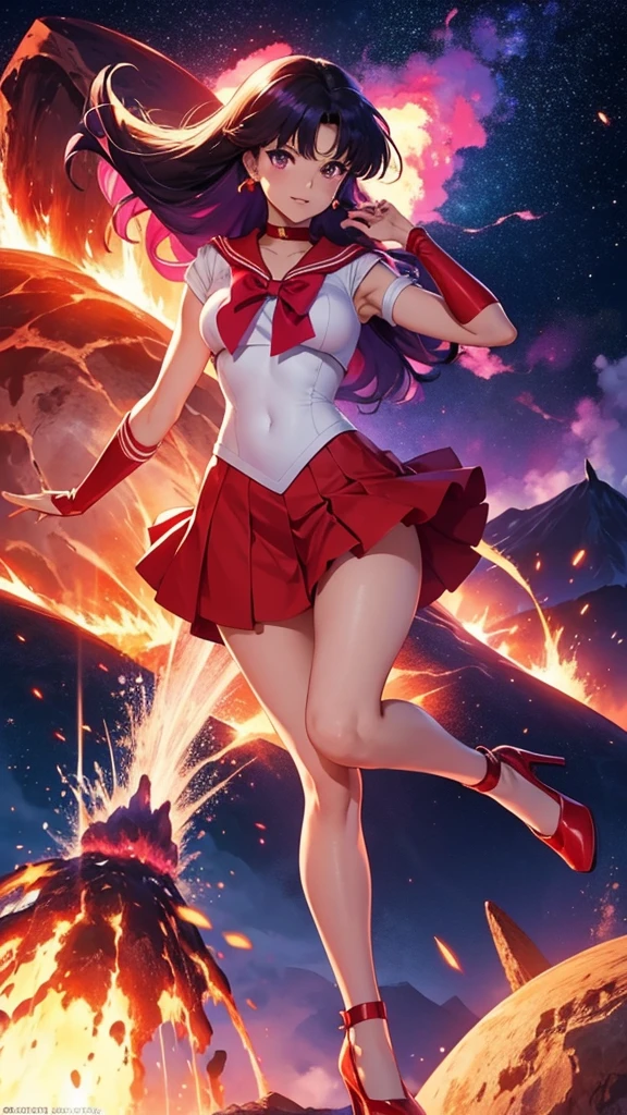 Sailor mars character, super detailed, two legs, red heels, two arms, purple hair, check from many images, background an erupting volcano, perfect body, 8k, full body