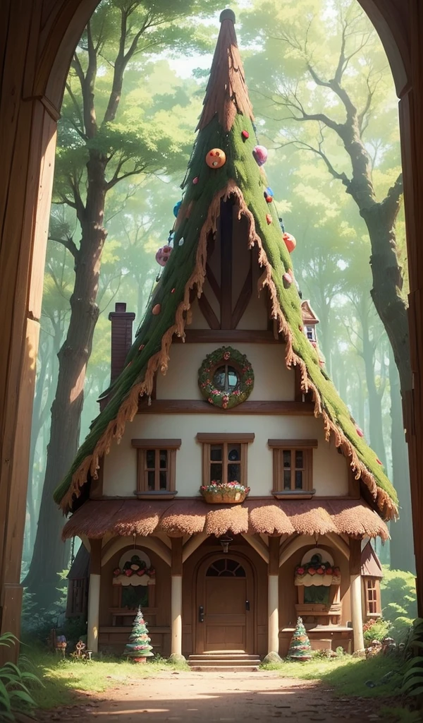 (Anime style:1.5), (highly detailed), (candy house nestled in a forest clearing), (vibrant and colorful), (astonished faces of 1 boy and 1 girl), (candy and sweets decorations), (walls made of gingerbread and candy), (fairy tale setting), (viewed from a low angle with trees framing the scene), (inviting and magical ambiance)