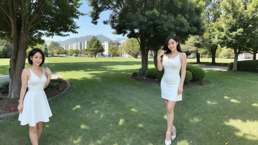最high quality, In 8K, Masseter region, Vibrant, Sharp focus, high quality, High resolution, Detailed face, fine grain, Thick lips, (Looking at the audience), alone, Beautiful woman, 28 years old, Japanese women, （Short black hair:1.4）, Lunch break、Large city park、Green Grass、（Standing in the park:1）、（Full body photo:1）、（White Formal Dress:1.5）、（Knee length dresses:1.5）、（Black pumps:1.5）、（Red lipstick:1）、（smile:1.3）、（Slender figure）、（A cup breasts）