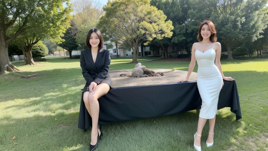最high quality, In 8K, Masseter region, Vibrant, Sharp focus, high quality, High resolution, Detailed face, fine grain, Thick lips, (Looking at the audience), alone, Beautiful woman, 28 years old, Japanese women, （Short black hair:1.4）, Lunch break、Large city park、Green Grass、（Standing in the park:1）、（Full body photo:1）、（White Formal Dress:1.5）、（Knee length dresses:1.5）、（Black pumps:1.5）、（Red lipstick:1）、（smile:1.3）、（Slender figure）、（A cup breasts）