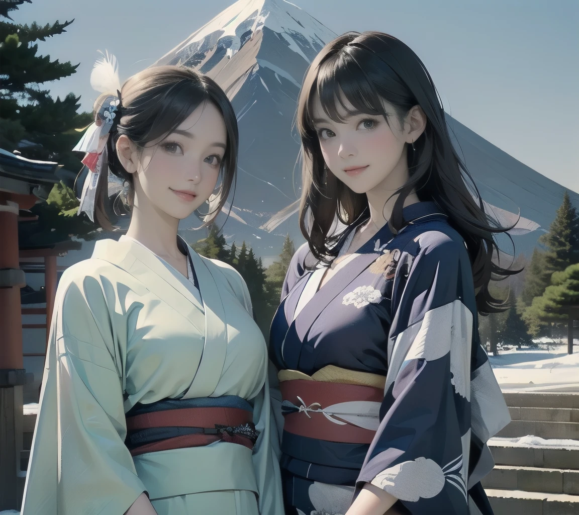 best quality, masterpiece,
Three Japanese high-school short girls with cute style,
looking straight ahead and striking a gutsy pose are standing (separately:1.4), side by side,
wearing a striking(yellow, red, blue, green) kimono with a flower motif,
(white feather shawl around her neck:1.3),
((too much smile)), very cute, face, head and waist fully visible,
upper arms hidden by clothes and hair,
(only one well-shaped beautiful mount Fuji is completely covered with white snow from top to bottom:1.5),
(vermilion shrine entrance:1.2), very thick and large pine trees, winter(season),
Snow is accumulating on the roof and pine trees. ,(outdoors:1.5),
(Japanese kimono:1.7)